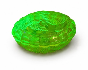 Uranium Glass Art Deco Jewelry Box with Doves, Czechoslovakia