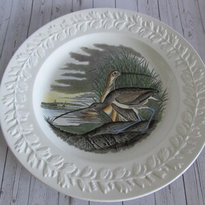 May include: White ceramic dinner plate with a raised border design of leaves. The center of the plate features a hand-painted illustration of two brown and white birds in a marsh setting.