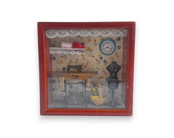 Miniatur Schneiderei Diorama Handmade Nähzimmer Schaukasten Wanddeko Vintage