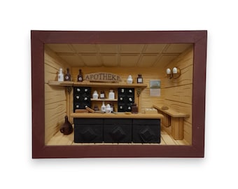 Ertsgebergte apotheker houten diorama schaduwdoos apotheek miniatuur Duitse vintage