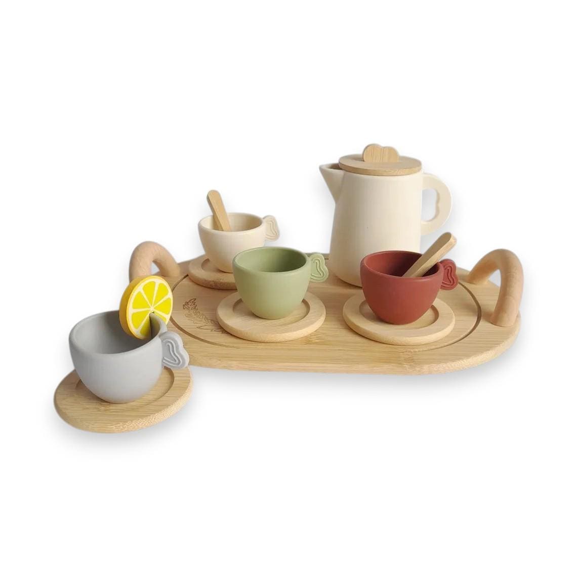Wooden Tea Set 14 Pcs Teapot Cups Tray Collectible Display Kitchen