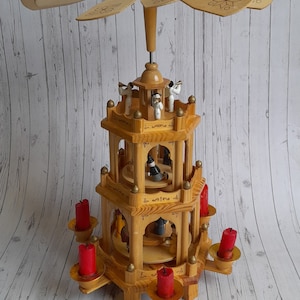 Wooden Traditional Erzgebirge 3-tiered German Christmas nativity pyramid carousel with figurines for 6 candles, in original box