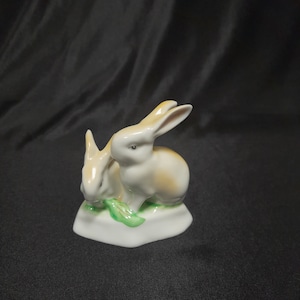 Vintage rabbits in the grass figurine, Hungarian Hollohaza porcelain bunny figurine hand painting