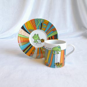 Vintage Coffee Mug and saucer with toad, green frog design, breakfast set Thomas Janosch Porcelain, Rosenthal, Germany
