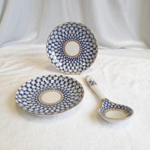 Vintage Cobalt Net Spoon and two saucers, LFZ, Lomonosov Porcelain, hand decorated ЛФЗ 1744 St.Peterburg Russia, Choose your set