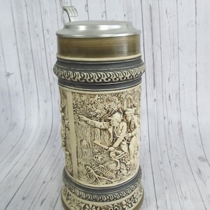 Vintage German Lidded Beer Stein, Beer Stein, Beer Mug with Lid, Covered Decorative Cup, motive - hunters and lovers, Choose your mug