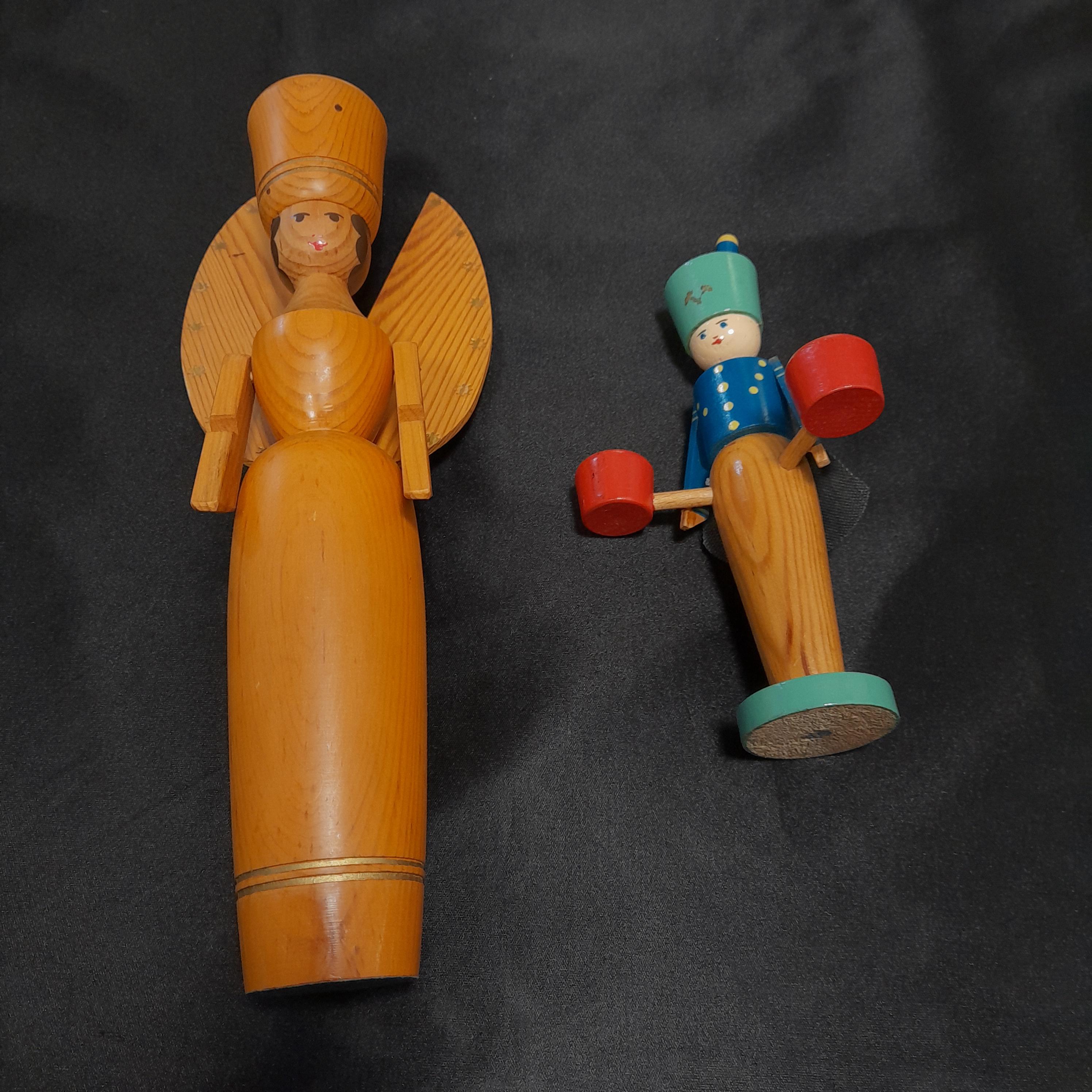 天使と鉱夫のキャンドルホルダー、ヴィンテージ木製装飾エルツ山地