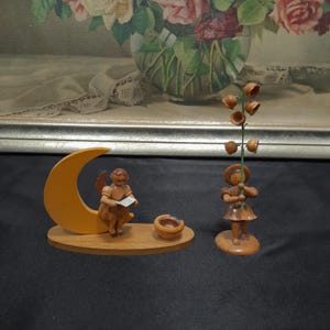Wooden Vintage Decoration Figure Flower Child lily of the valley and Angel candlestick, Erzgebirge, folk art, hand painted, made in Germany