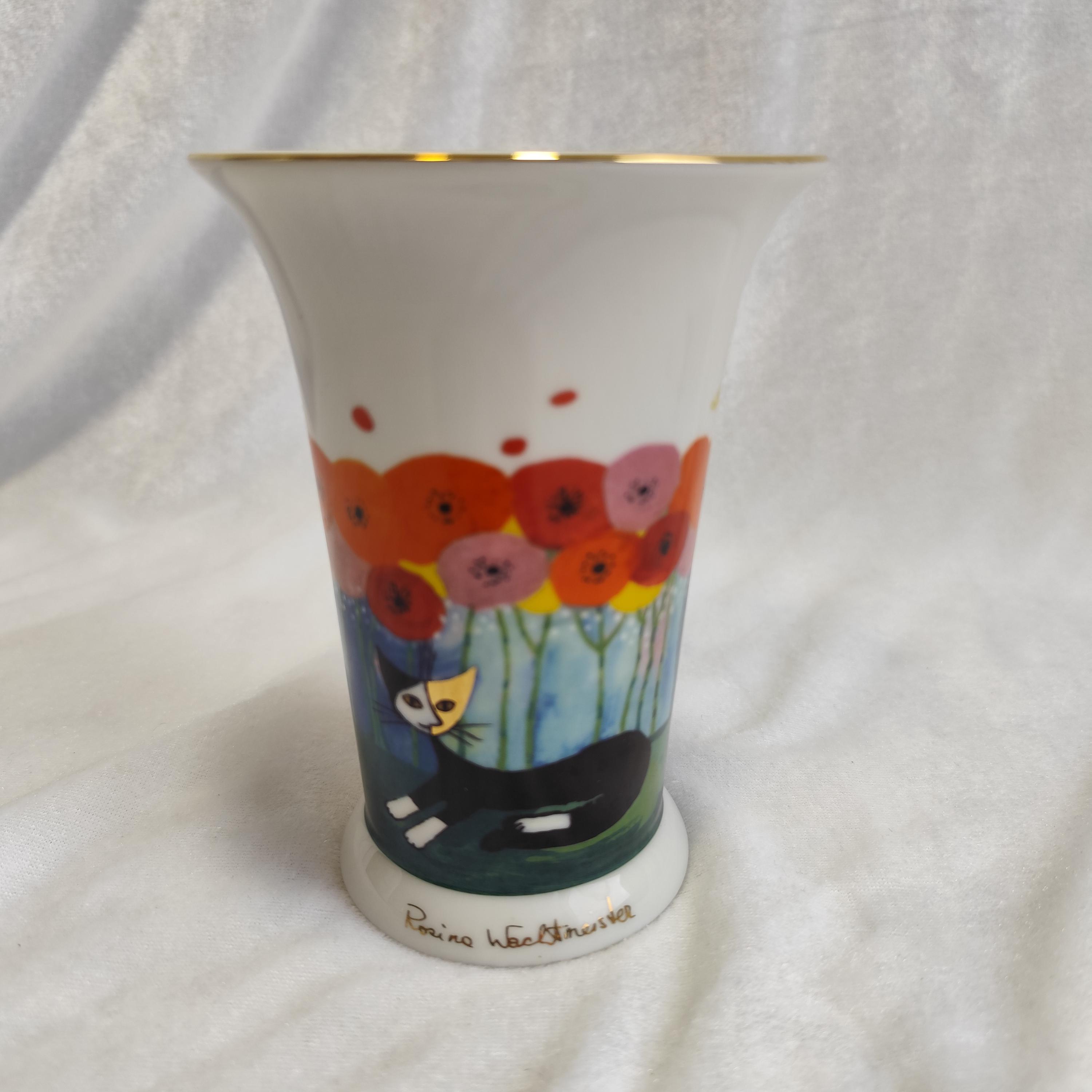 Goebel Porzellanvase Mit Katzenmotiv Von Rosina Wachtmeister | Bunt Bemalt Mit Goldrand | 12x7,5x14 Cm