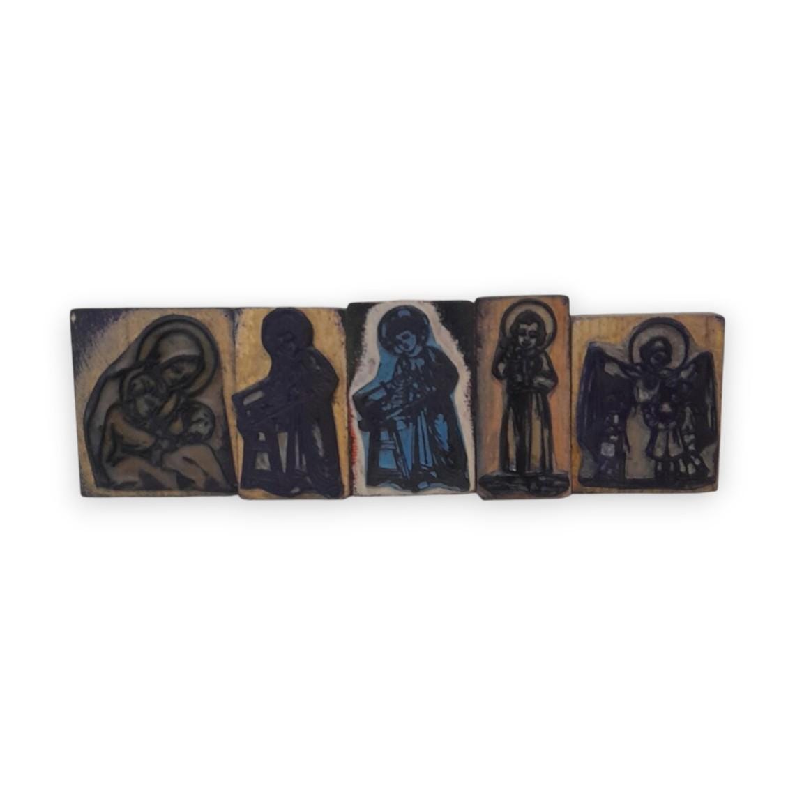 Nativity Rubber Stamps Wood Brown Religious Czechoslovakia Vintage