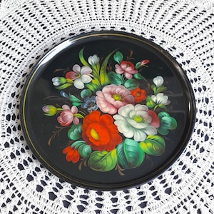 Vintage metal round tray bowl, tray, decoration plate, hand painted floral 70s, diameter 37 cm