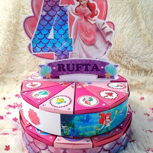 Arielle, torta di carta personalizzata, 12, 24 o 36 fette di torta, scatola per torte, bomboniere, compleanno per bambini, personalizzata