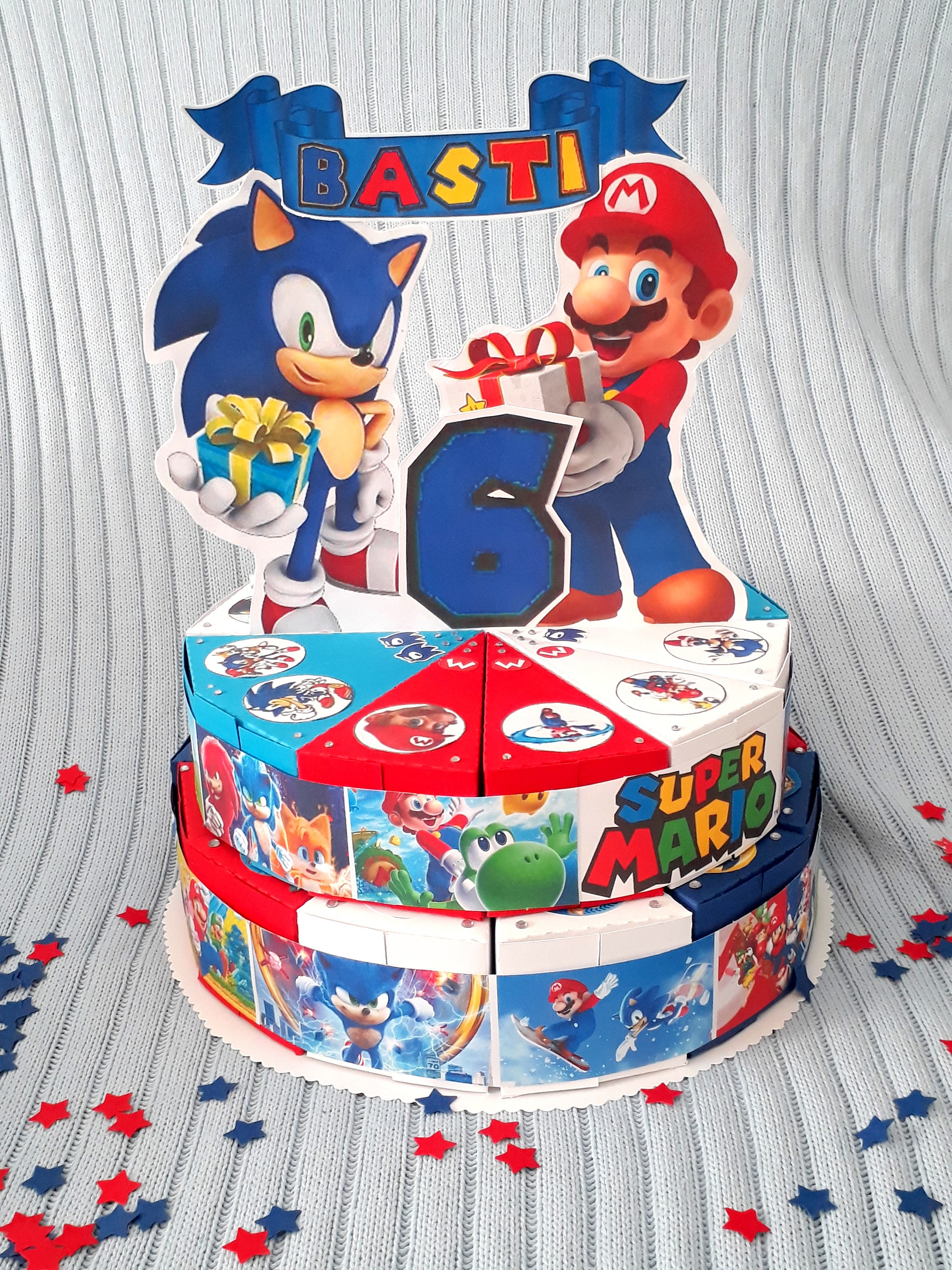 Torta di carta personalizzata Sonic & Mario, 12, 24 o 36 pezzi di torta,  scatola per torte, regali per bambini, feste di compleanno per bambini,  personalizzate -  Italia
