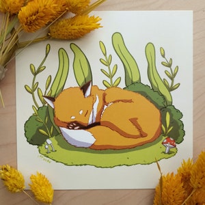 Carte postale "heure de la sieste" fantaisie cottagecore renard
