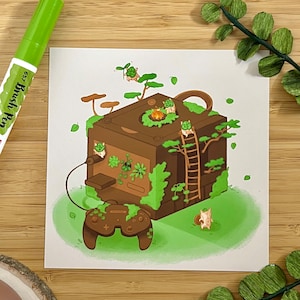 Puede incluir: Una consola de videojuegos marrón y verde con un mando, rodeada de plantas y pequeñas criaturas. La consola está cubierta de enredaderas y musgo, lo que le da un aspecto caprichoso e inspirado en la naturaleza.