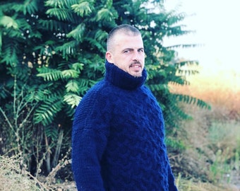 Suéter de lana tejido a mano, suéter de lana para hombre, suéter de cuello alto, lana de 2 hebras, suéter de lana pura, cuello alto de invierno, suéter moderno, hombres atractivos