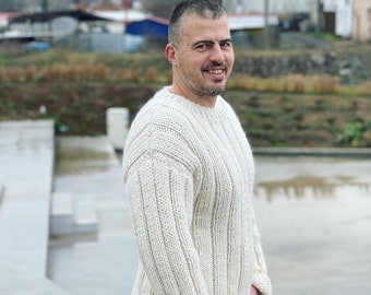 Handgestrickter Wollpullover, Herren-Wollpullover, dicker Pullover, Winterpullover, Herrengeschenk, warmer und kuscheliger Pullover