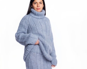 Conjunto Mohair tejido a mano con suéter y falda larga, falda Mohair de moda de invierno y cuello alto, regalo de lujo para mujer especial