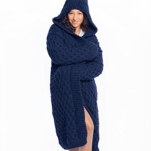 Ready to ship XL size Wool Cardigan with Hoodie, Warm Hoodied Sweater for Winter, Open Women’s 100% Wool Coat, Women Knitted Jacket