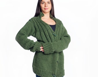 Cárdigan de lana gruesa de punto a mano con botones, suéter oversized de lana pura para invierno, abrigo de mujer, cárdigan hecho a mano, regalo de mujer