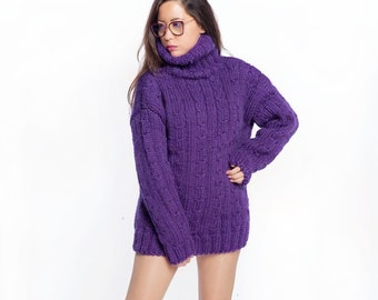 Hand Knit Wool Jumper, Women Wool Sweater, Turtleneck sweater, Winter Jumpers, Purple Sexy Pullover, Thick and Cosy Jumper, best gift