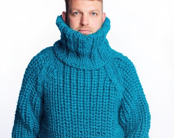 Ready to ship 2XL size High Collar Wool Turtleneck Sweater, Hand Knitted Wool Thick Pullover for Men, Warm and Soft Wool Jumper