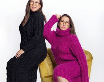 Pink Hand Knitted Mohair Dress, Elegant Mohair  Turtleneck, Mohair Tunic, Women Knit Dress, Big Turtleneck Winter Sweaterdress, Fuzzy Mohair