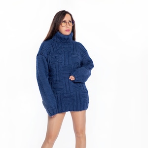 Cosy Winter Knitted Pullover, Hand knit jumpers, Pure wool turtleneck sweater, Denim Blue Women Sweater, Ski Jumper, Loose fit Design
