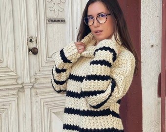 Hand knitted Black And White Wool Sweater, Warm and Cosy Classic Sweater For Women, Striped Knitted Pullover, Thick Ski Jumper For Cold Days