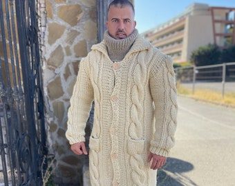 Chunky Wool Men’s Cardigan, Men’s Wool Coat, Hand Knitted Cable Cardigan, Winter Men’s Sweater, Very thick and heavy cardigan