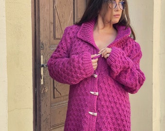 Ready to ship 4XL Knitted Pure Wool Cardigan with beautiful and elegant design, Hand knit Button Pink Cardigan, Thick Wool Coat