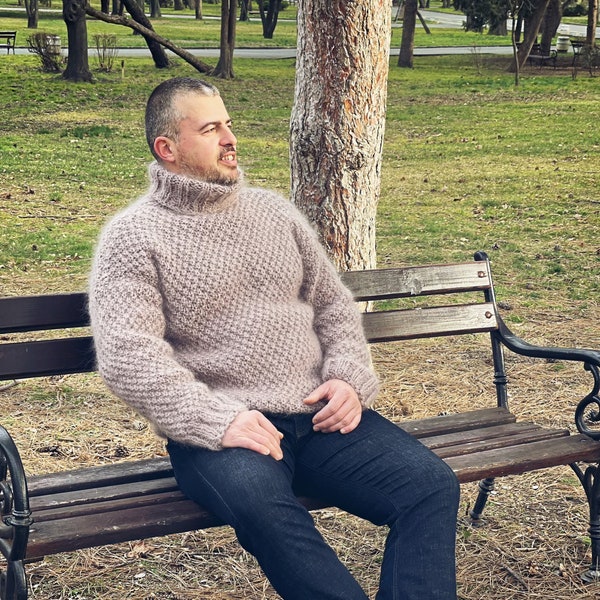 Mohair Pullover, Mode für Männer aus Fuzzy Mohair, Luxus Mohair Pullover, Winterpullover, Warmer und kuscheliger Handstrickpullover, übergroße Mohair-Kleidung