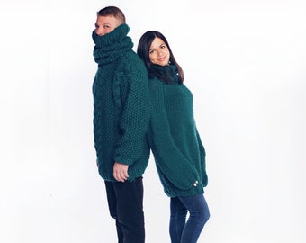 Prêt-à-partir taille 2XL long pull à col roulé, pull en laine vert tricoté à la main pour homme, pull épais et confortable pour petit ami/mari