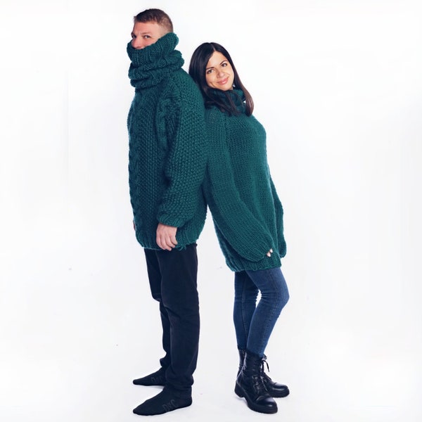 Ready to ship size 2XL  Long Turtleneck Sweater, Hand Knitted Wool Green Pullover for Men, Thick And Comfy Jumper for Boyfriend / Husband