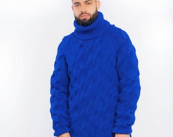 Hand Knit Giant Pullover for Men, Cable Knit Pattern For Men, Winter High Turtleneck, Ski Warm Jumper, Christmas Wamer Gift, Pure Wool