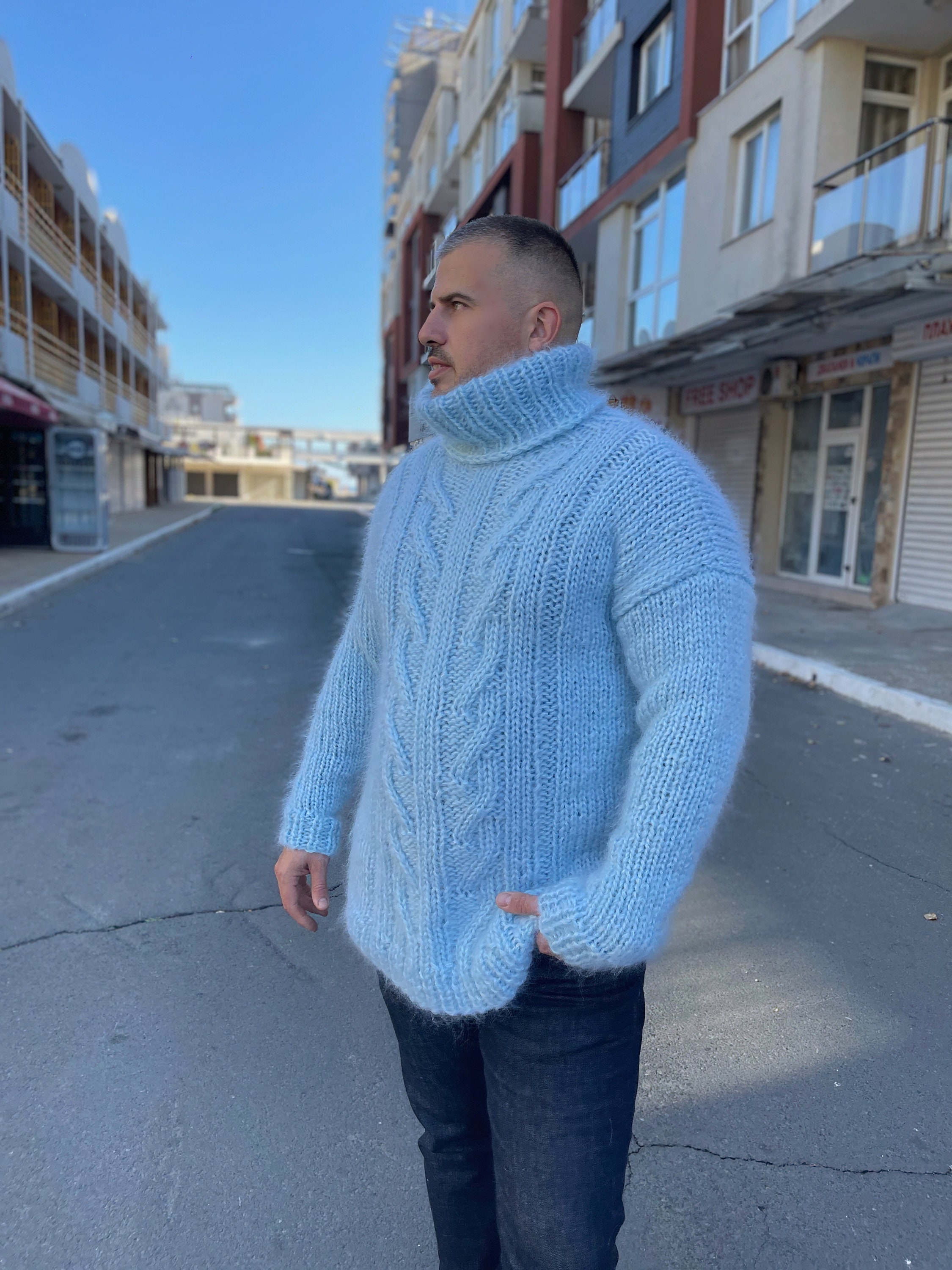 ニット/セーター cloudy mohair knit (light blue) Light Blue Cable Knit Mohair Cardigan, Oversized Sky Blue Sweater