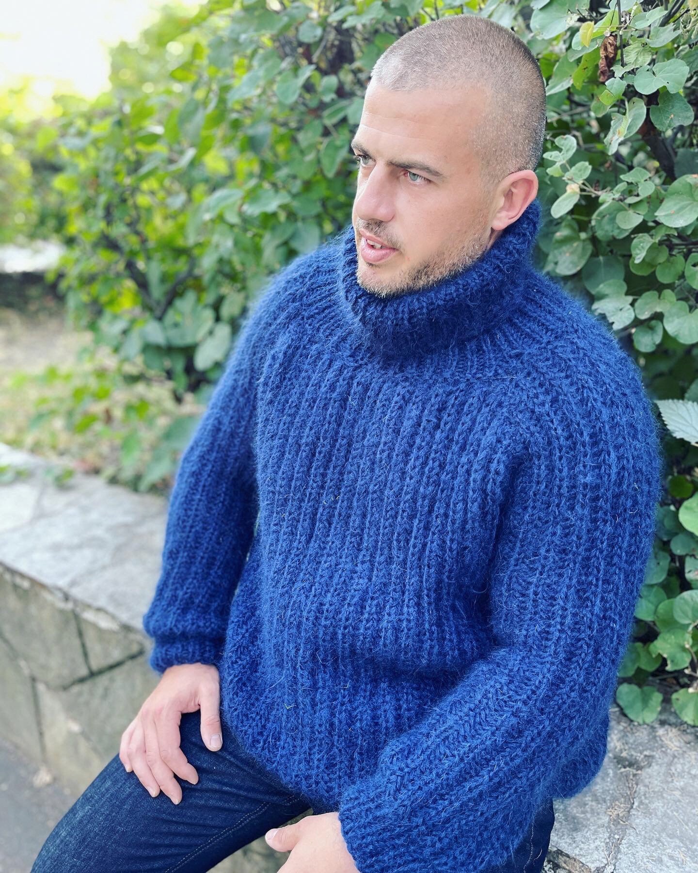 手編みセーター、メンズモヘアセーター、イングリッシュリブジャンパー