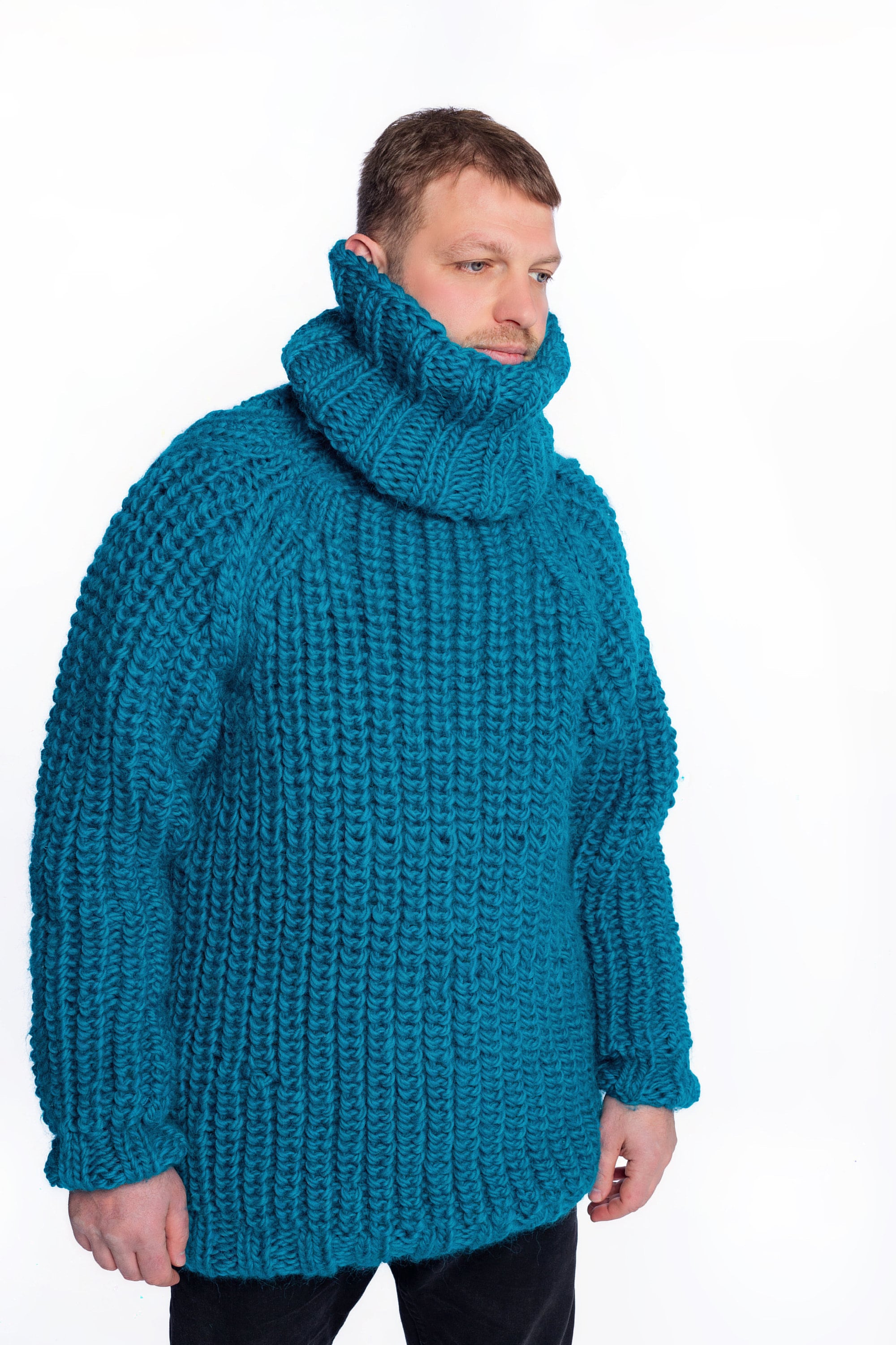 High Collar Wool Turtleneck Sweater, Hand Knitted Wool Thick