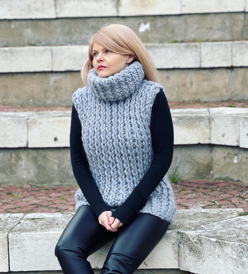 Chunky Wool Sweater, Turtleneck Sweater, Wool Vest, Women Sweater Sleeveless, Chunky Pullover, Very Thick Vest, Wool Cardigan image 5