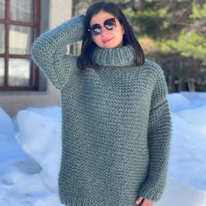 Hand Knit Elegant Fuzzy Mohair Sweater For Women, 3 strands of mohair for comfortable and warm touch, Casual Winter Sweater with Turtleneck