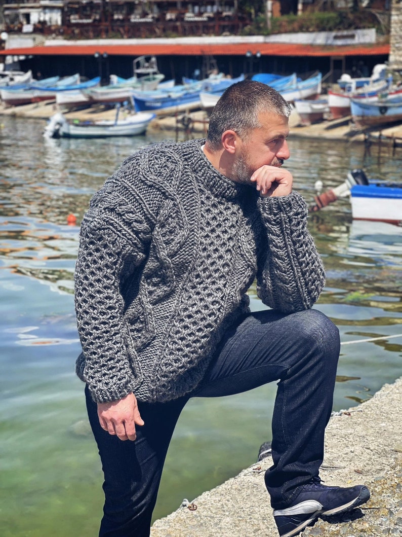 New Chunky Cable Knit Sweater, Heavy Wool Men Sweater, The Best Personal Gift for Men, Plus Size Men Fashion Clothing, Hand knits for Men image 9