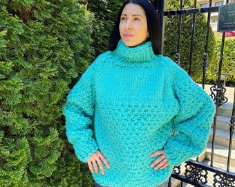 Ready to ship size 2XL Bulky Women Sweater, Winter Big Knit, Hand Knit Pure Wool, Thick and Heavy Sweater