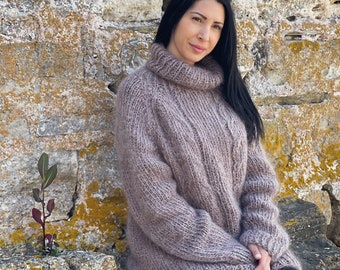 Cable Knit Fuzzy Mohair Sweater, very Soft, warm and cozy women jumper, Long hair mohair sweater