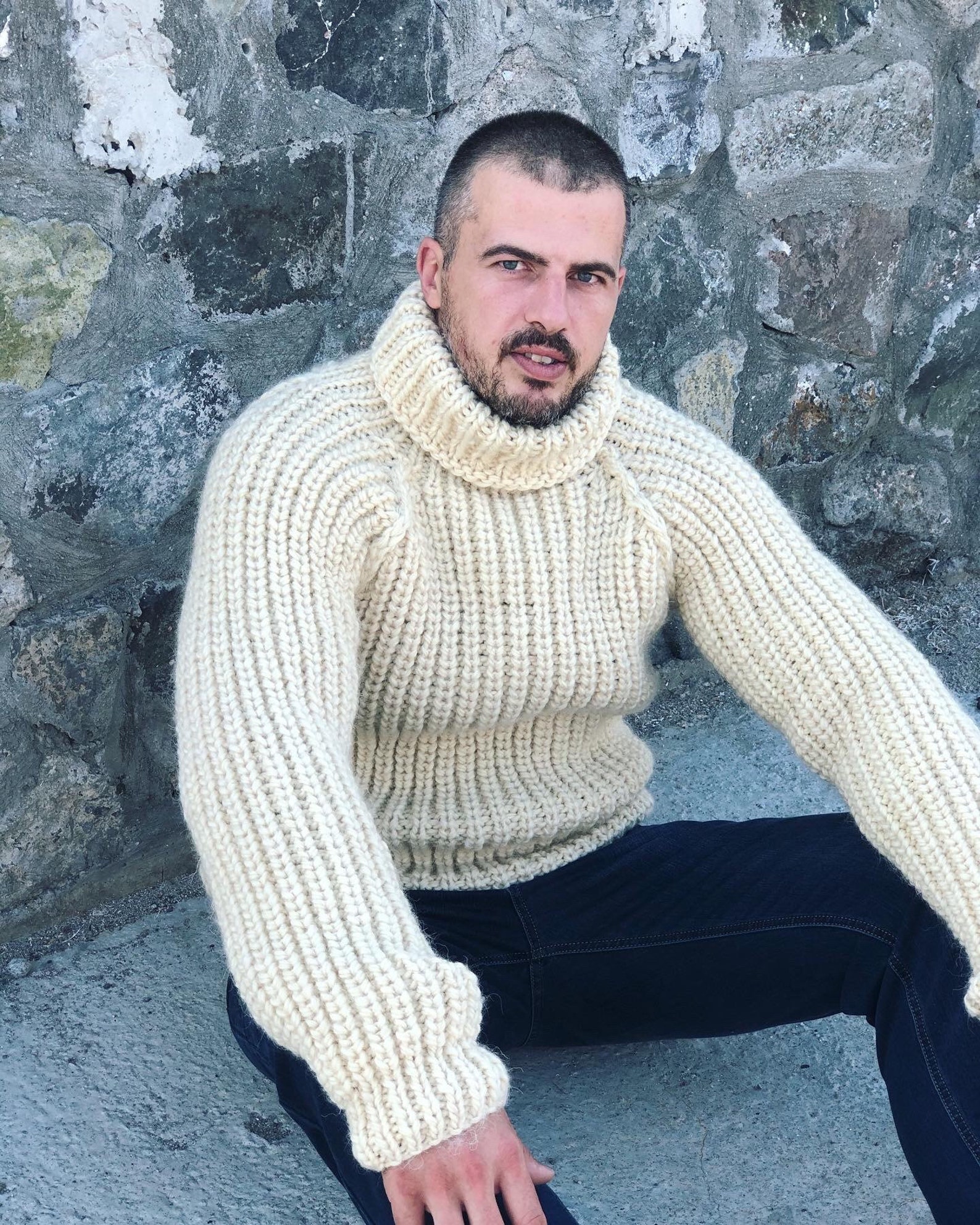 Hand Knit Wool Jumper Mens Wool Sweater Turtleneck Sweater Etsy