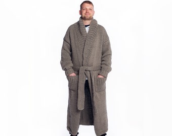 Nouveau manteau pour hommes en laine très long tricoté à la main, cardigan pour hommes épais et chaud avec poches et ceinture, veste longue d'hiver en laine épaisse