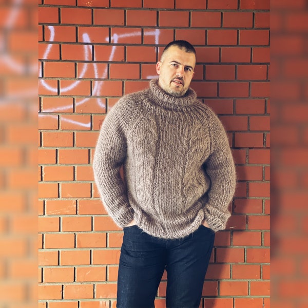 Fuzzy Mohair Pullover, Zopfmuster Mohair Pullover, Rollkragen für Männer, Luxusgeschenk, warme und gemütliche Kleidung, Männer auf der Suche