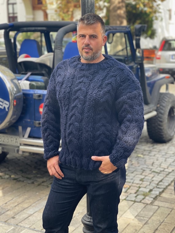 Ready to Ship 3XL Size Cable Knit Sweater, Dark Blue Crew Neck Men