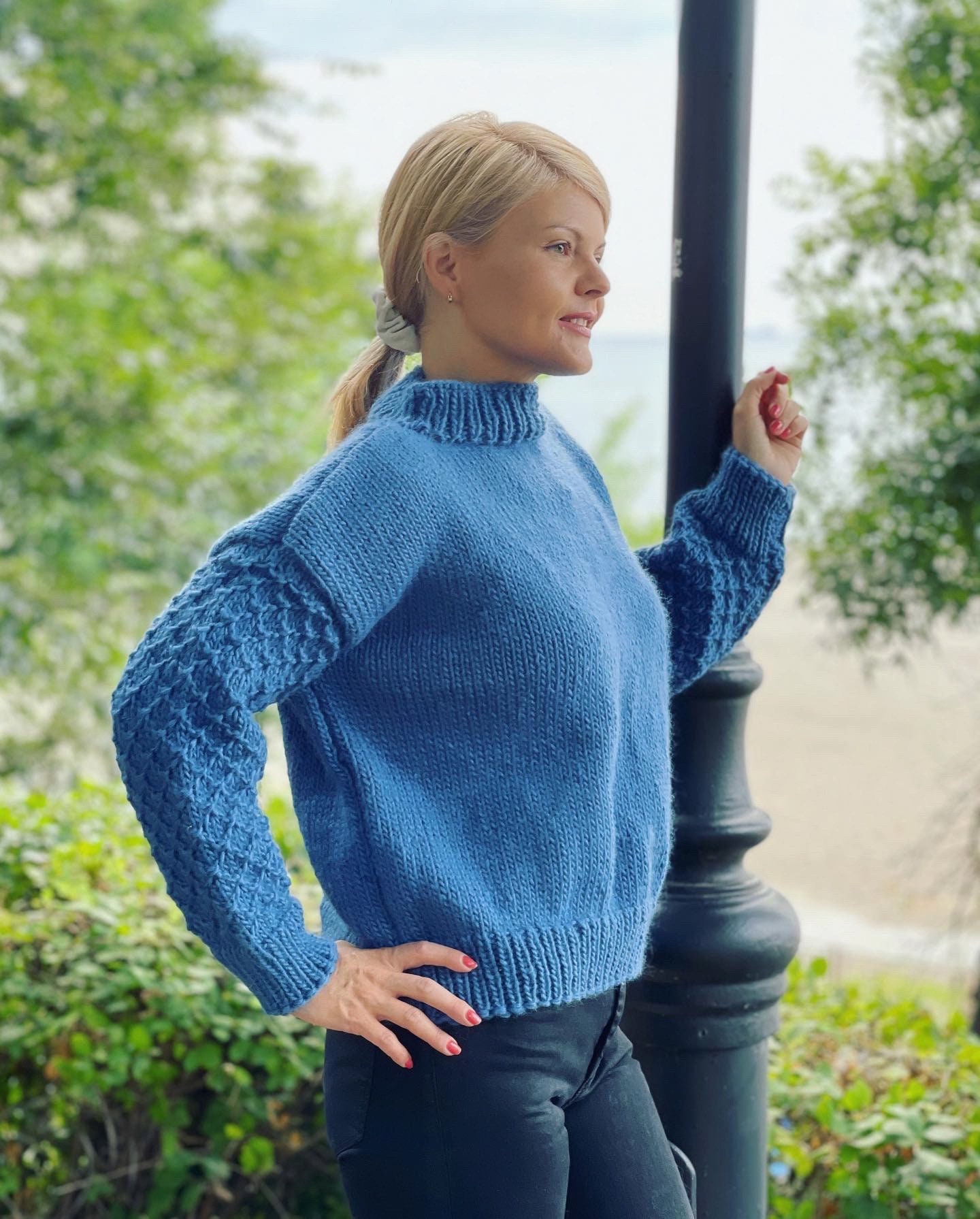 Denim Blue Hand Knit Sweater, Floral Sleeves Jumper, Women Personal Gift, Crew Neck Sweater, Lambswool Sweater, Made to order Jumper