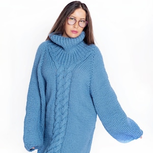 New Sexy Oversized Hand Knitted Winter Sweater for Women, Creative Knit Gift for Special Woman, Blue thick sweater, Winter Knitted Pattern