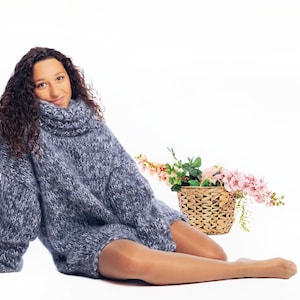 Super Chunky Hand Knit Grey Mohair Sweater For Ladies, Long Turtleneck Fluffy Jumper for Women, Thick and Sexy Melange Mohair Pullovers